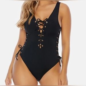 Black Lace Up Strappy One Piece Bathing Suit Size Medium